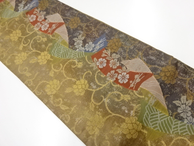 JAPANESE KIMONO / VINTAGE FUKURO OBI / WOVEN FLORAL PLANTS